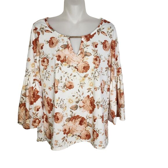 French Laundry Womens Top Blouse Medium Floral 3/4 Bell Sleeve Polyester Stretch - Picture 1 of 9